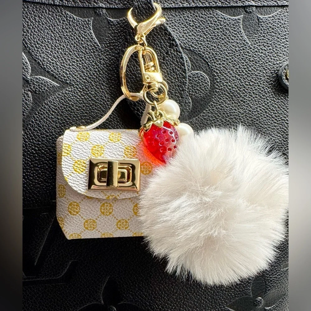 New White Faux Leather Mini Bag Purse Charm Keychain w/ Strawberry & Pom Pom